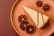 A piece of sweet New York cheesecake, dessert, cheese and vanilla pie. Classic cheesecake