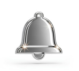 Shiny metallic bell icon with reflective polished surface and smooth rounded shape, loop at top and visible clapper, modern 3D notification or alert symbol for digital interface and user experience 