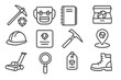 © Александр Михайлюк - Gem Field Exploration Icons. Line style icons of gem field exploration: gemstone pickaxe, field bag icon, site journal, sample box