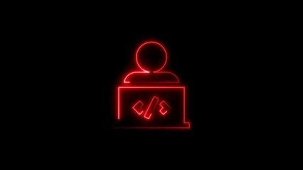 A silhouette design of a person coding at a laptop with glowing red neon outline