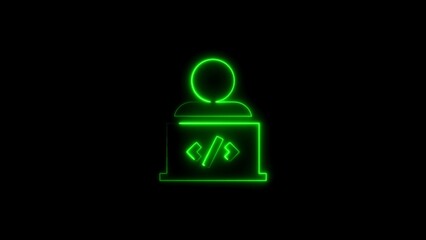 Glowing green programmer icon coding on laptop representing software development on black background