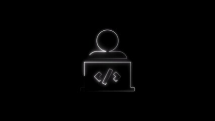 Programmer working on laptop with coding symbols representing software development on dark background