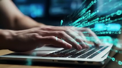 Close Up Of Hands Typing On A Laptop Keyboard With Glowing Binary Code Streaming From Keys Dark Background Using A Laptop Keyboard To Type Text And