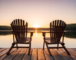 © H.S photography  - Two wooden chairs on a wood pier overlooking a lake at sunset