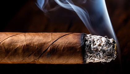 a cigar is shown with a burnt tip and ash on the side