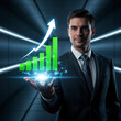 © Aleks Jovičić - A businessman holding a glowing holographic graph showing positive financial growth. A concept for business success, investment, profit, and corporate strategy.