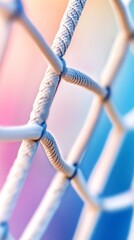 Close-up of white rope net creating abstract pattern with colorful background