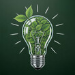 © Aleks Jovičić - Green energy and sustainability concept. Lightbulb filled with green leaves, drawn on a chalkboard to symbolize eco-friendly ideas, conservation, and innovation.