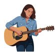 © ZeyBer - Woman playing acoustic guitar in casual blue shirt and jeans music performance vector illustration