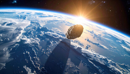 Wall Mural - A large asteroid passes Earth during sunrise, casting a long shadow on the clouds below.  Space, cosmic, danger.