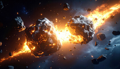 Wall Mural - fiery asteroid collision in space, intense light and debris, dramatic cosmic event.