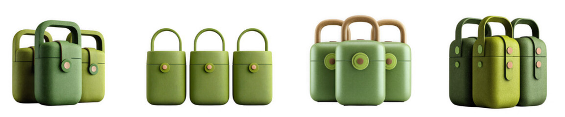 Several green, textured cylindrical objects with handles, resembling bags or containers, isolated on a transparent background