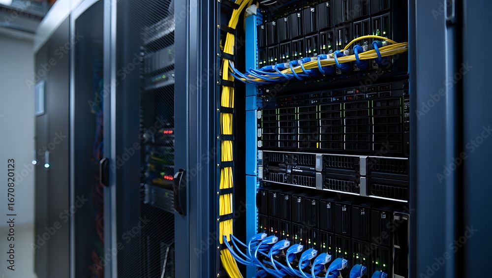 Intricate network server rack with colorful cables and blinking lights ...