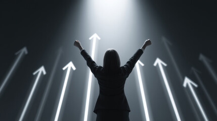 Wall Mural - empowered individual celebrating success with raised arms, surrounded by upward arrows symbolizing g