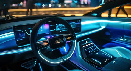 Futuristic Car Interior with Yellow Lighting and Advanced Technology
