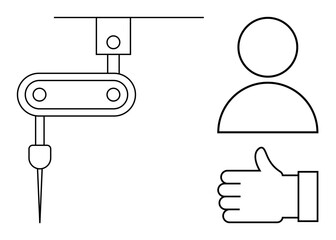 Robotic arm with a precise tool, user figure, and thumbs-up symbol. Ideal for technology, manufacturing, automation, approval, user interface, robotics and simple landing page