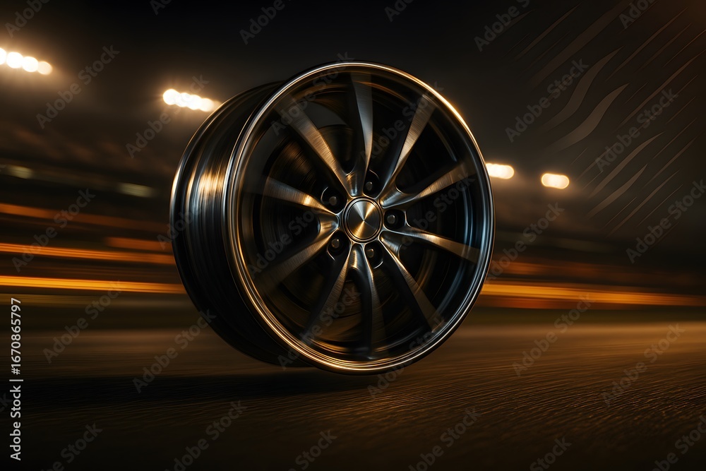 Rotating Rims Spinning Alloy Wheel Rim with Motion Blur and Racing Light Trails Under ...