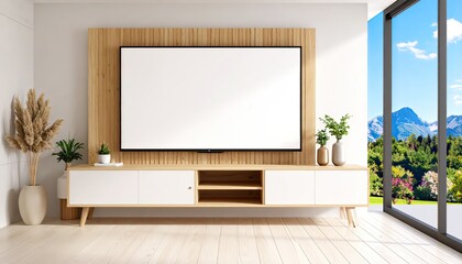  Minimalist Living Room Interior with TV and Mountain View