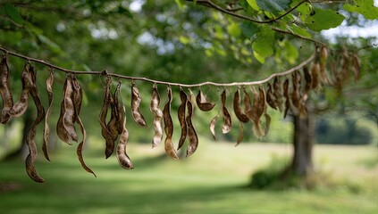 Dried seed pods hanging from tree branch, park background, autumn