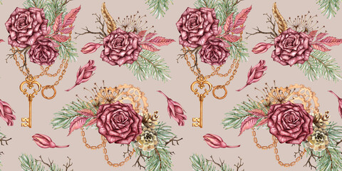  Burgundy roses, fir branches, cones, chains, gears, key, pendant seamless pattern watercolor illustration. Isolated warm nude. Vintage steampunk Christmas and New Year design for wrapping paper, 