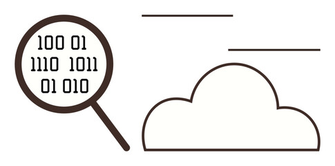 Magnifying glass examining binary code alongside a cloud shape. Ideal for data analysis, cloud computing, technology, cybersecurity, data transfer, programming, simple flat metaphor