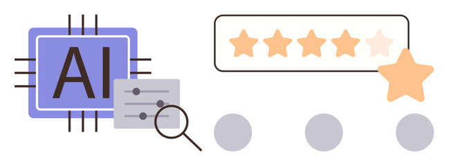AI chip with magnifying glass, sliders, and rating system with stars. Ideal for innovation, feedback, analysis, user interface, assessment automation machine learning. Simple flat metaphor