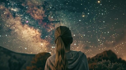 Wall Mural - A woman in an astronaut suit looks out at the stars, capturing the vastness and beauty of the cosmos.