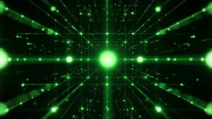 Abstract Green Grid Lines with Glowing Lights and Geometric Cube on a Dark Background a Digital Futuristic and Technological Design Element