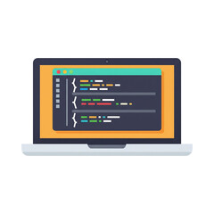 Open laptop illustration showing colorful programming code lines on dark screen
