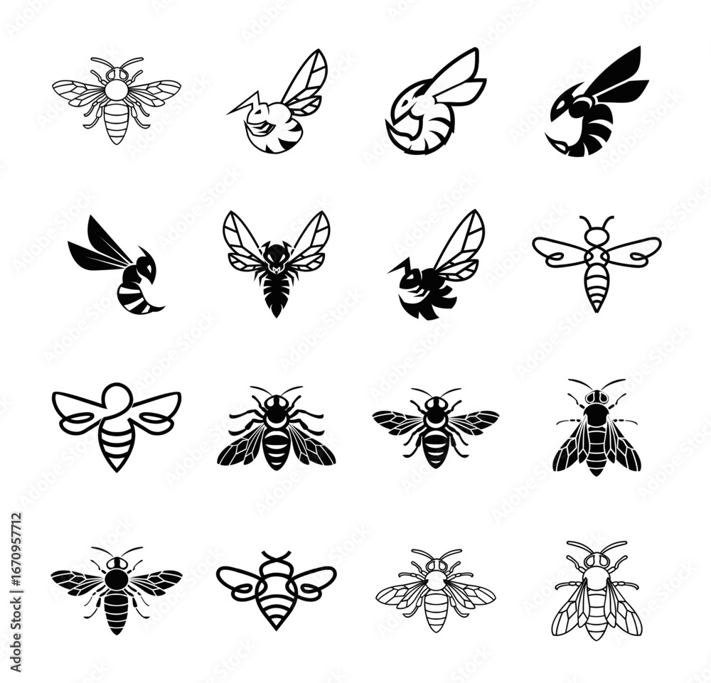 Bee and Wasp Vector Icon Set: Collection of Honeybee, Hornet, and ...