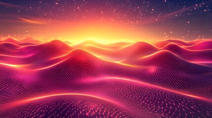 Wall Mural - abstract digital landscape of glowing hills under a vibrant sunrise.