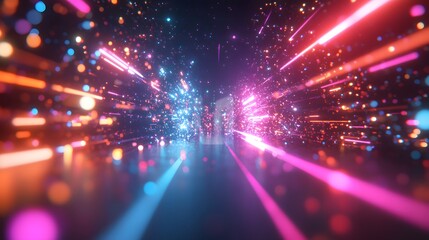 Wall Mural - neon lights streak through a dark tunnel filled with glittering particles.