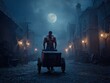 © hestywinarni - Mysterious figure sitting on a box in a dark, foggy outdoor setting illuminated by moonlight