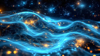 Wall Mural - abstract illustration of city lights undulating across a cosmic background.