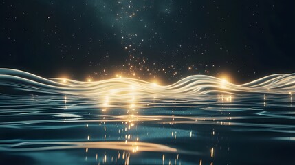 Wall Mural - abstract wavy landscape reflecting golden light on dark water.