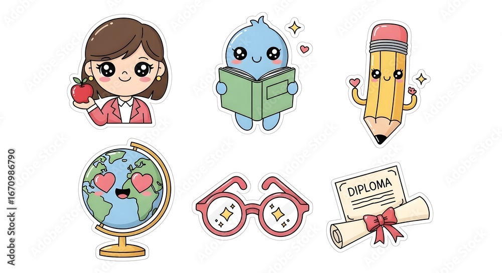 Adorable Kawaii Teacher Sticker Sheet Illustration for Back to School ...