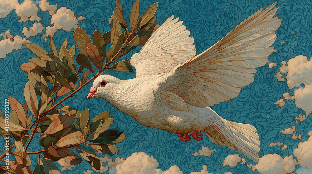 White dove carrying an olive branch in its beak, flying in a clear blue ...