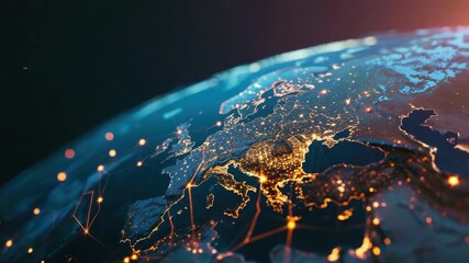 Wall Mural - Digital art of world map with internet connectivity lines in focus, symbolizing global communication and electricity grid.