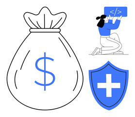 Money bag representing wealth, woman coding screen symbolizing tech skills, shield with cross indicating security. Ideal for finance, tech, career growth, entrepreneurship, safety, investment simple