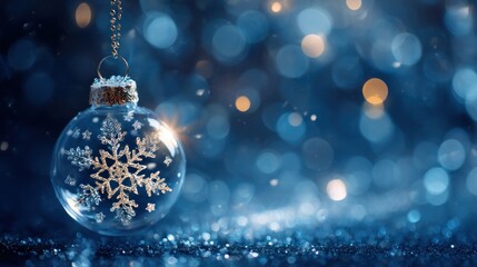 Clear glass Christmas ornament, snowflake design, hanging, blue bokeh background