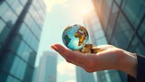 Hand holding a globe and coins with a city skyline, symbolizing global finance and the International day of Banks