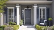 © Nurul - Elegant home entrance with grey door, white pillars, shutters, and landscaped greenery