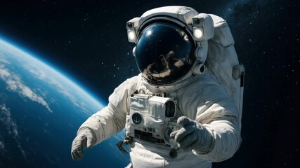 Wall Mural - Astronaut in space with Earth in the background, captured from a low-angle perspective. The video concept emphasizes exploration and adventure.