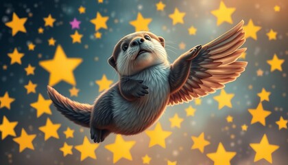 Wall Mural - Celestial otter with large feathery wings, playfully flying among stars,  whimsical art,  feathers