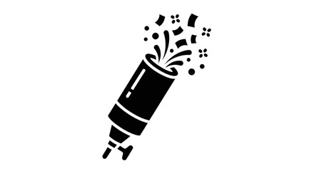 A black and white illustration of a party popper exploding with confetti and streamers.