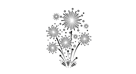 Stylized black and white illustration of multiple fireworks exploding in a celebratory display.