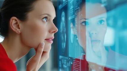 Contemplation and Insight: A focused woman with keen concentration gazes at a high-tech futuristic screen. Capturing her expression of deep contemplation and scientific discovery.