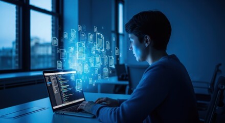 Woman codes on laptop with floating document icons in bluish light