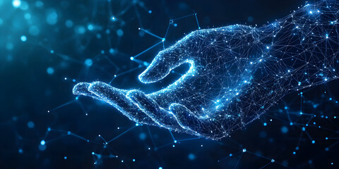 Digital hand reaching out in cyberspace with glowing nodes and connections representing technology, innovation, and the future, creating a sense of hope and progress.