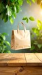 © Natty - A stylish canvas bag hangs gracefully from the edge of a rustic wooden table, showcasing its vibrant colors against the natural grain of the wood.